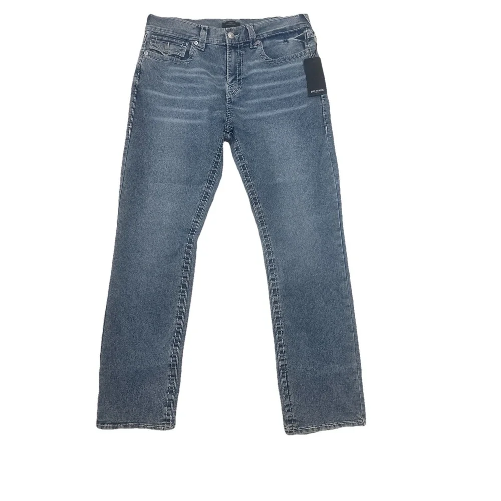 True Religion Jeans Ricky Big T‎ Flap Straight Men's 32x34 Light Wash Blue Denim